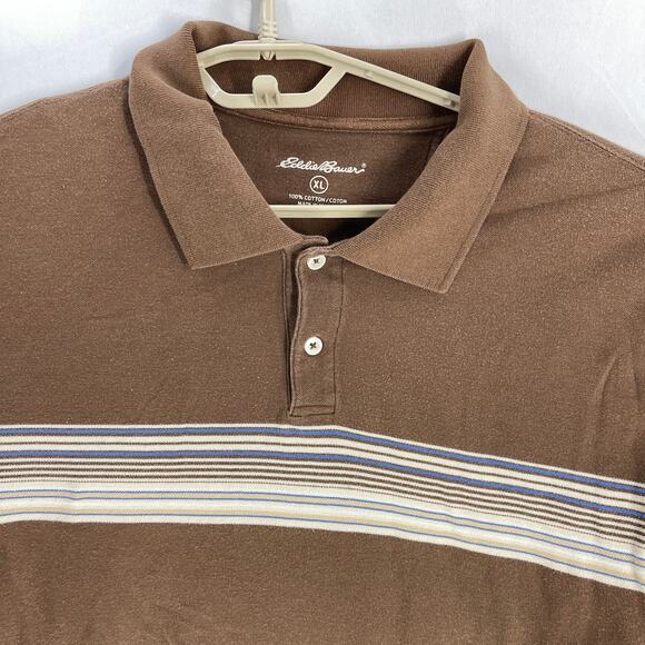 Eddie Bauer Polo Shirt XL Brown Striped Short Sleeves Cotton Y2K Preppy Retro - Picture 3 of 6
